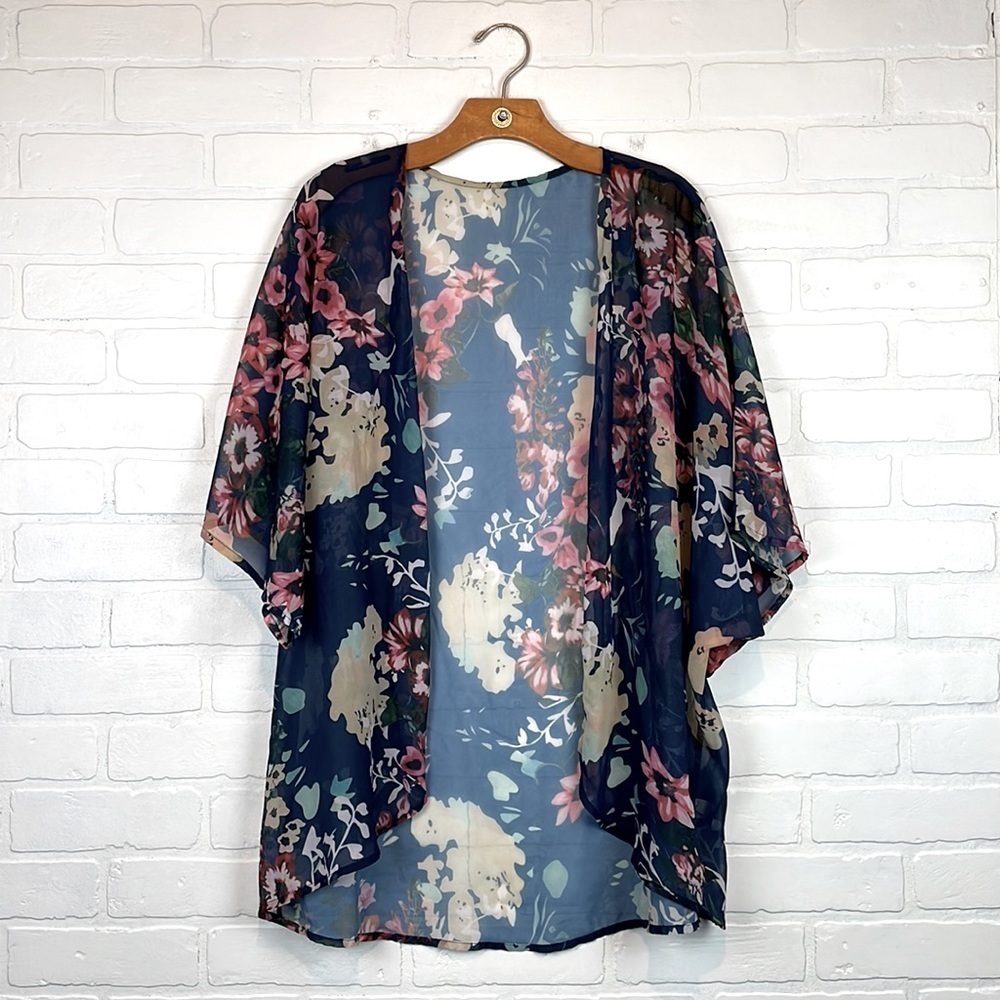 Pink Rose Floral Kimono Cardigan - Navy and Pink
